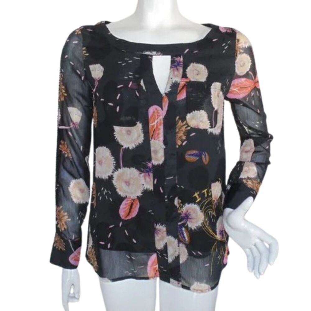 DESIGUAL Blouse, S, Mimosa, Floral, Long sleeves, Keyhole front, Embellished